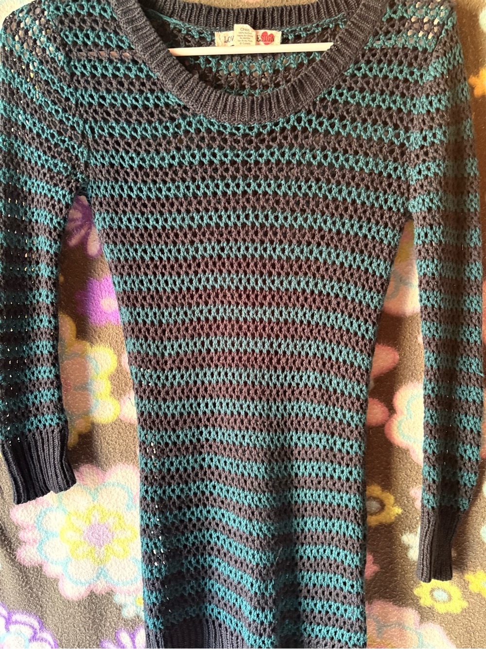 Love By Design Teal and Gray Open-Knit Scoop Neck Sweater